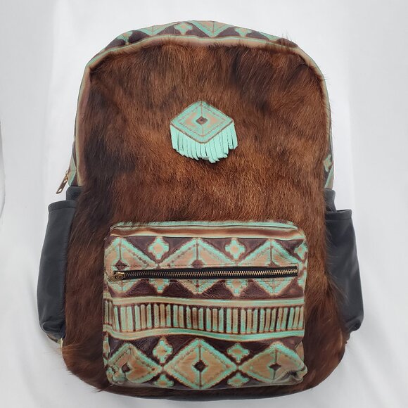 🔥 RARE Western Cowhide & Real Tooled Leather Diaper Bag / Backpack XL 🐄 - Picture 2 of 13